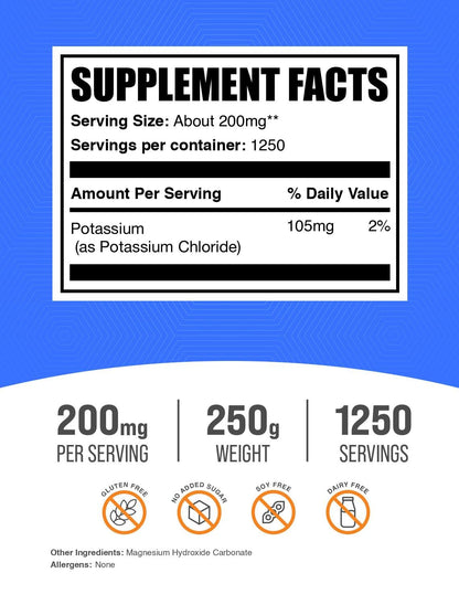 Potassium Chloride Powder – Salt Substitute | 200 mg per Serving, 250 g | BulkSupplements.com