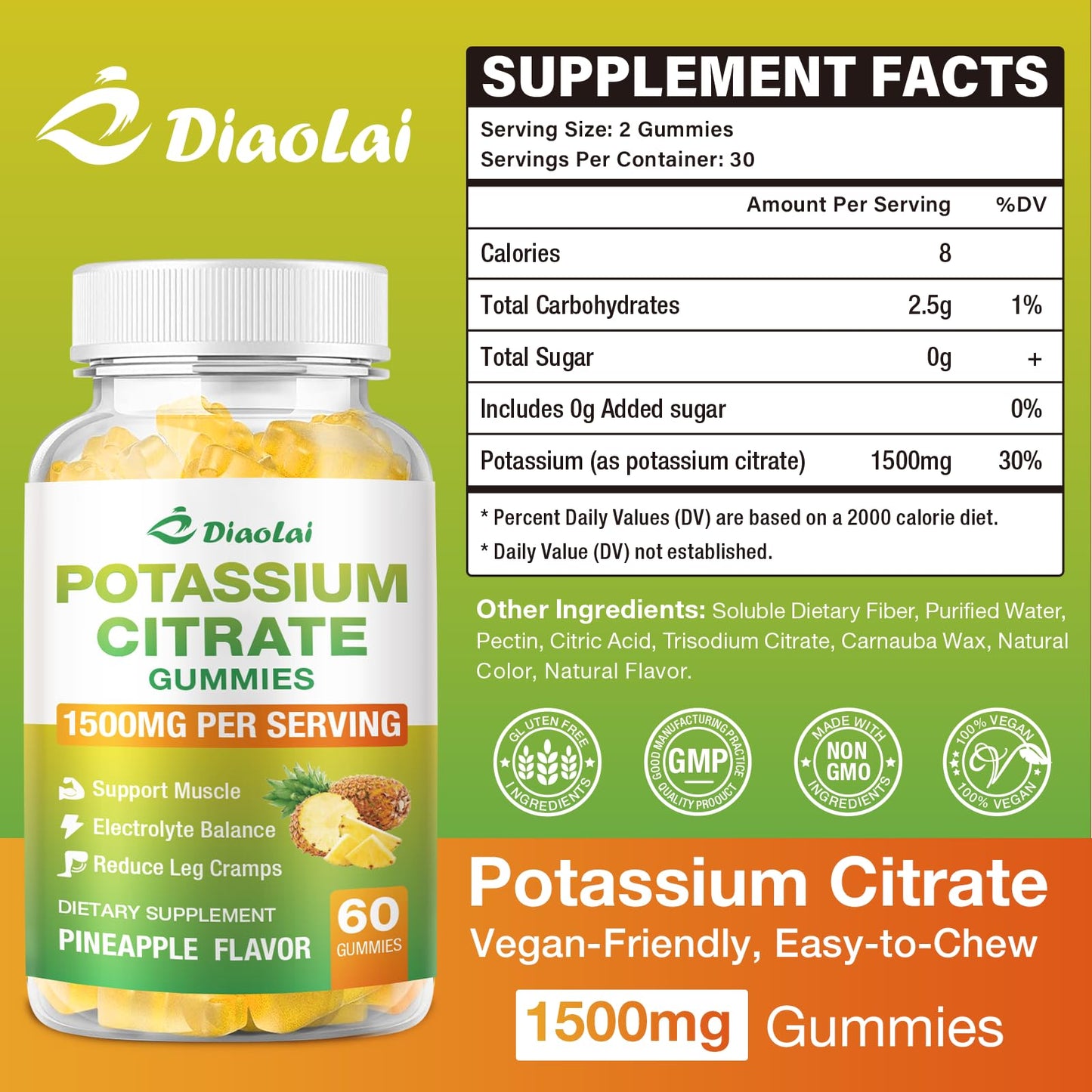 Potassium Citrate 1500mg Gummies – Potassium Supplement for Leg Cramps & Muscle Health | Vegan Pineapple, 120 Count
