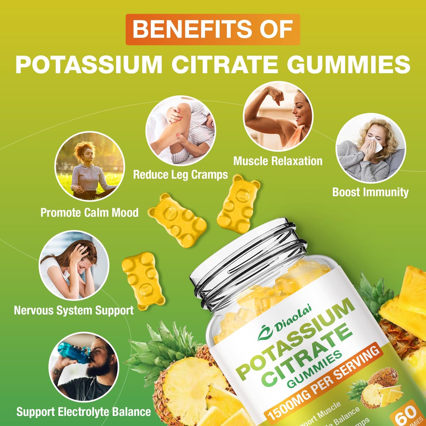 Potassium Citrate 1500mg Gummies – Potassium Supplement for Leg Cramps & Muscle Health | Vegan Pineapple, 120 Count