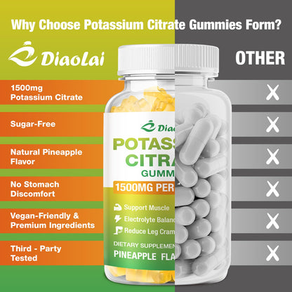 Potassium Citrate 1500mg Gummies – Potassium Supplement for Leg Cramps & Muscle Health | Vegan Pineapple, 120 Count