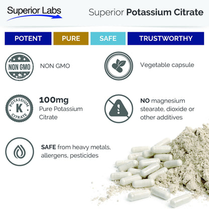 Superior Labs Potassium Citrate 100 mg Pure Non-GMO Electrolyte Mineral