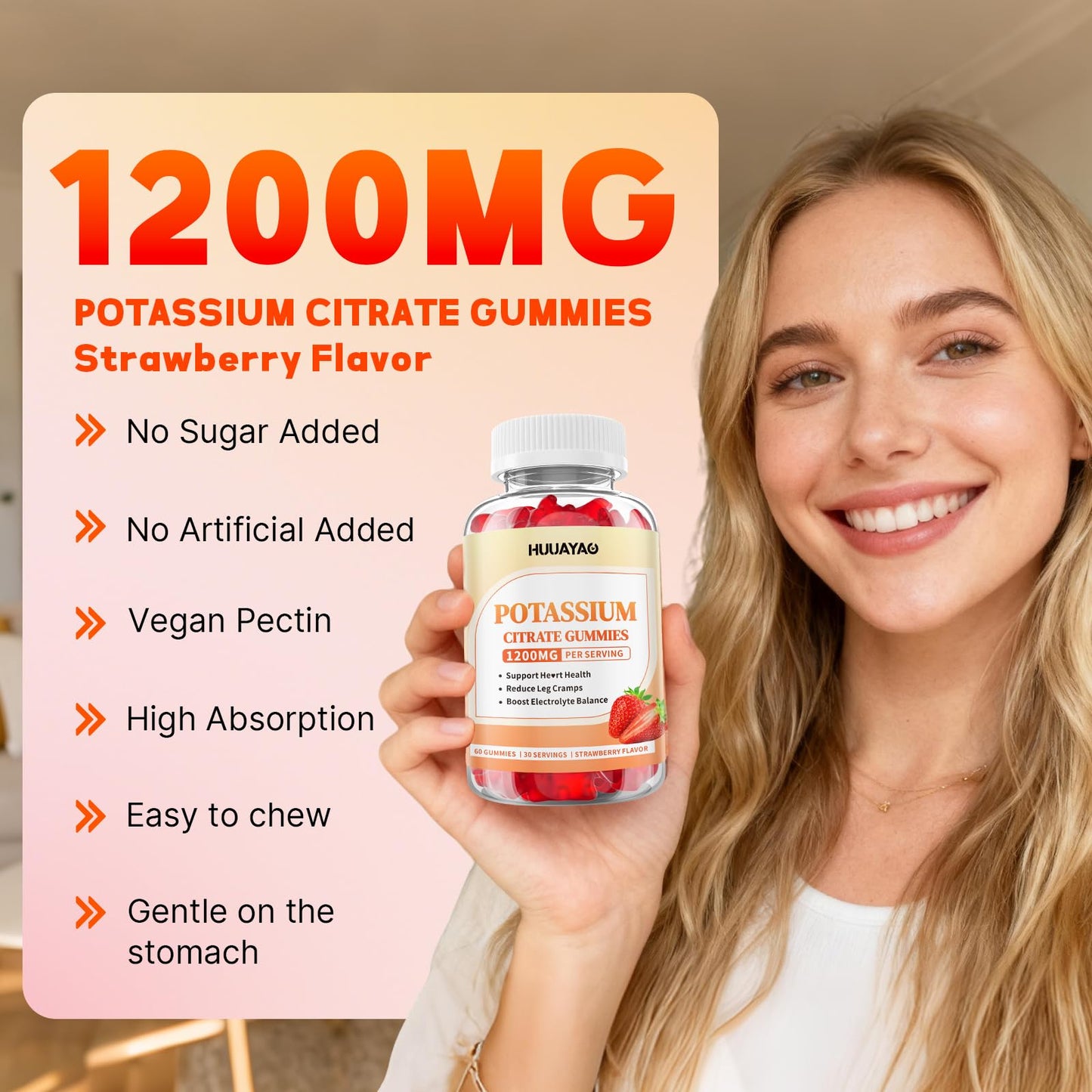 Potassium Citrate Gummies 1200mg – Sugar Free Strawberry, 60 Count | Leg Cramps & Muscle Health