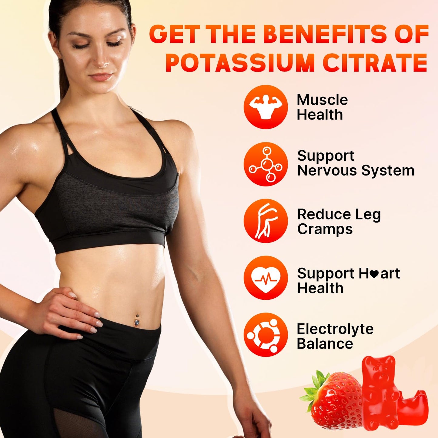 Potassium Citrate Gummies 1200mg – Sugar Free Strawberry, 60 Count | Leg Cramps & Muscle Health