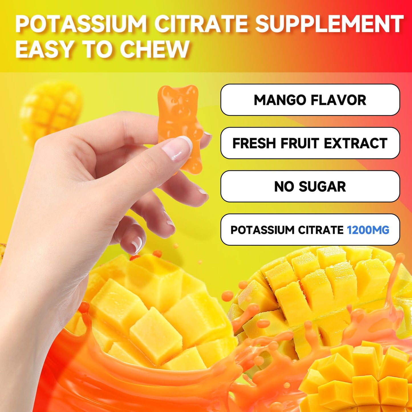 Potassium Citrate Gummies - 1200mg Potassium per Serving | Vegan Mango Flavor Gummies for Adults & Kids (120 Count)