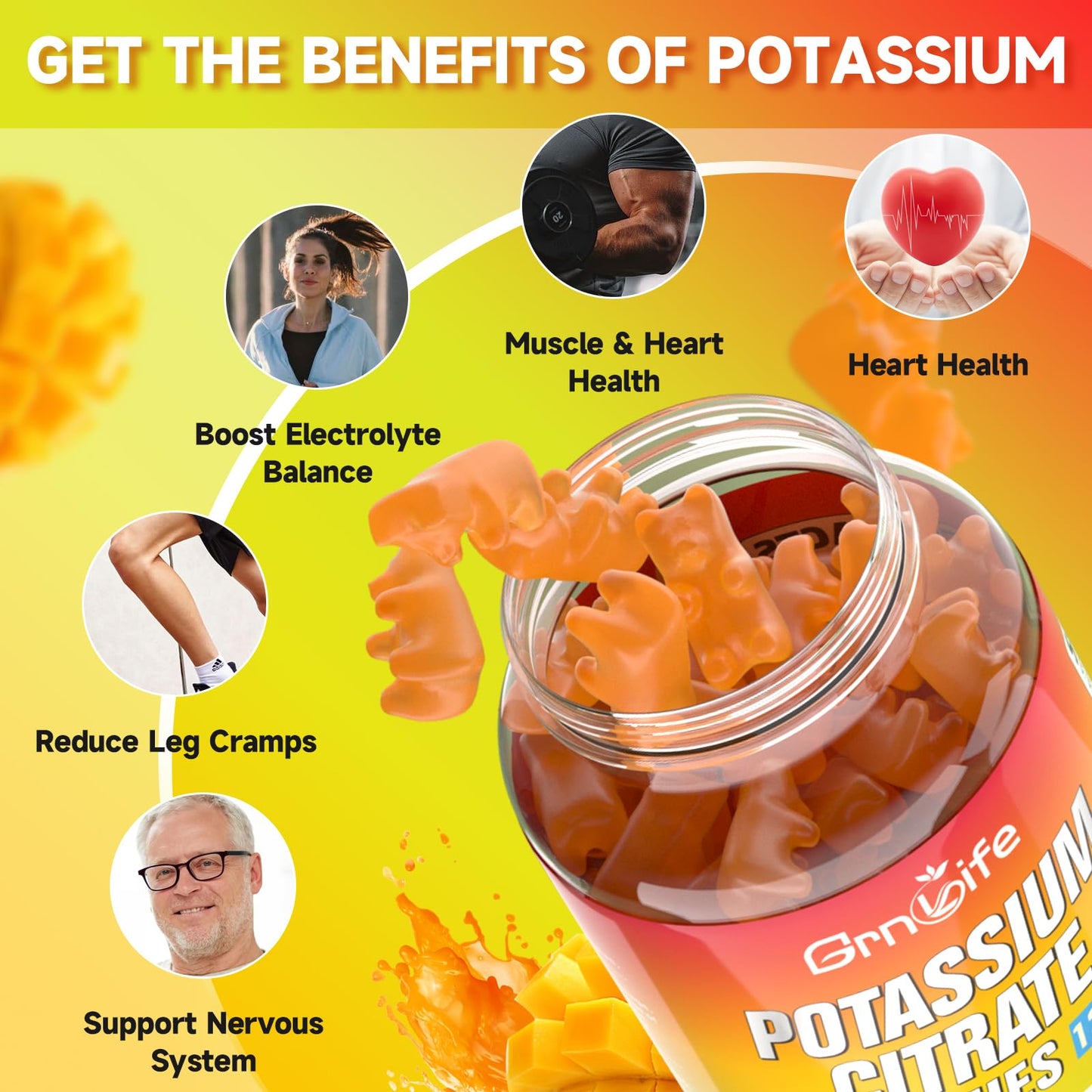 Potassium Citrate Gummies - 1200mg Potassium per Serving | Vegan Mango Flavor Gummies for Adults & Kids (120 Count)