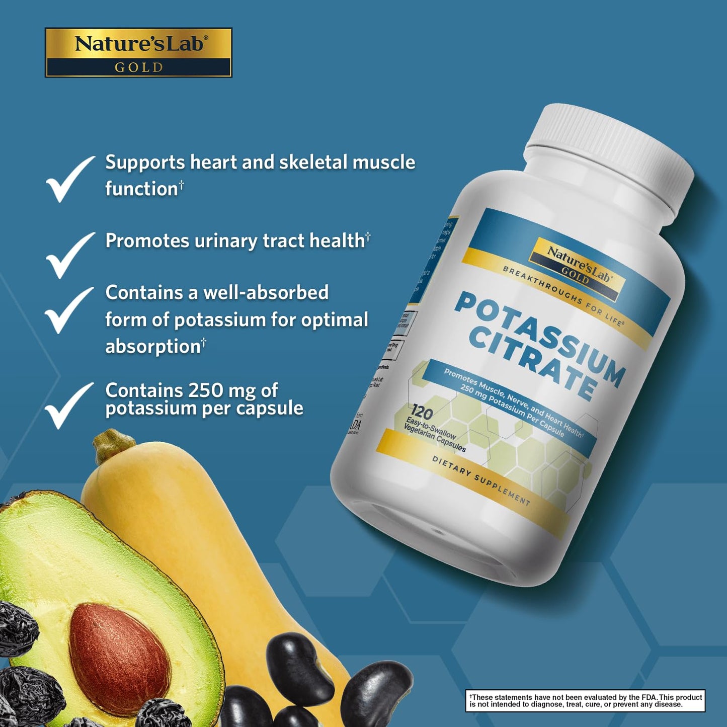 Nature's Lab Gold Potassium Citrate 250mg - 120 Capsules (Pack of 2) - Heart, Nerve & Muscle Support