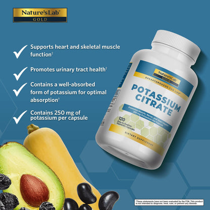 Nature's Lab Gold Potassium Citrate 250mg - 120 Capsules (Pack of 2) - Heart, Nerve & Muscle Support