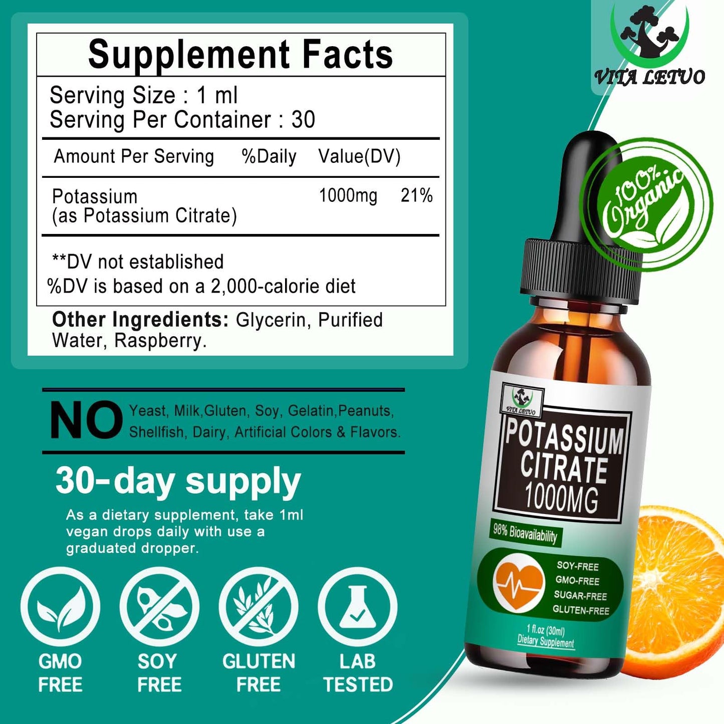 Potassium Citrate Liquid Drops 1000mg – Vegan, Muscle & Heart Health