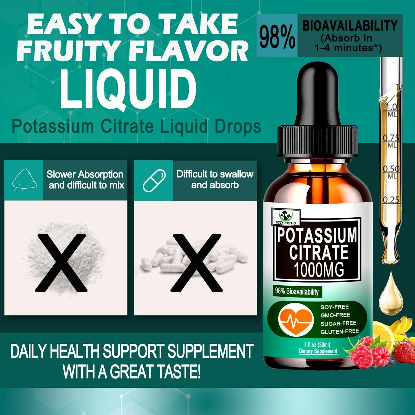 Potassium Citrate Liquid Drops 1000mg – Vegan, Muscle & Heart Health