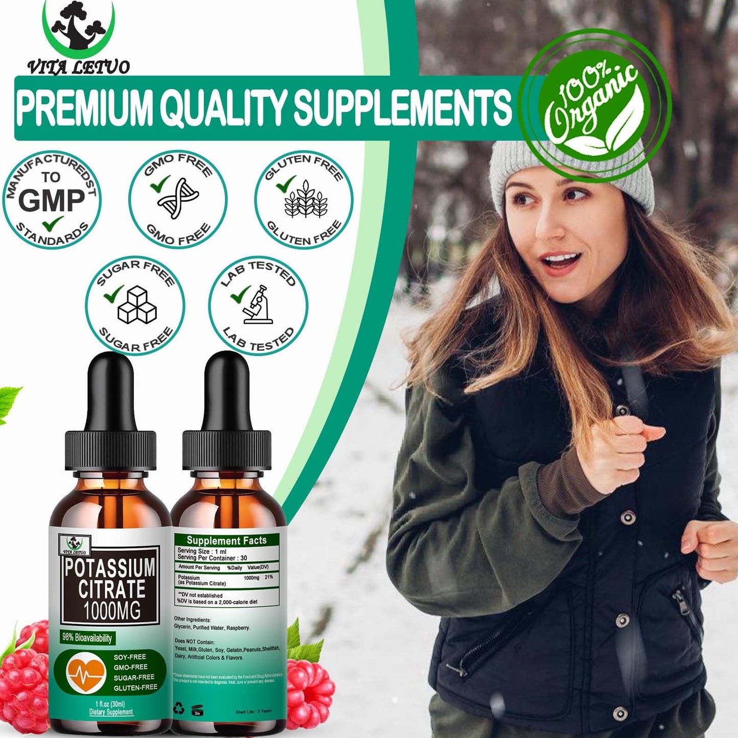 Potassium Citrate Liquid Drops 1000mg – Vegan, Muscle & Heart Health