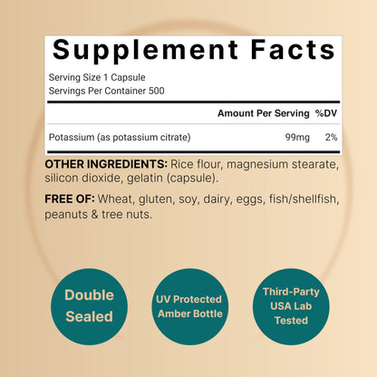 Potassium Citrate 99mg – 500 Caps | Chelated, Non-GMO
