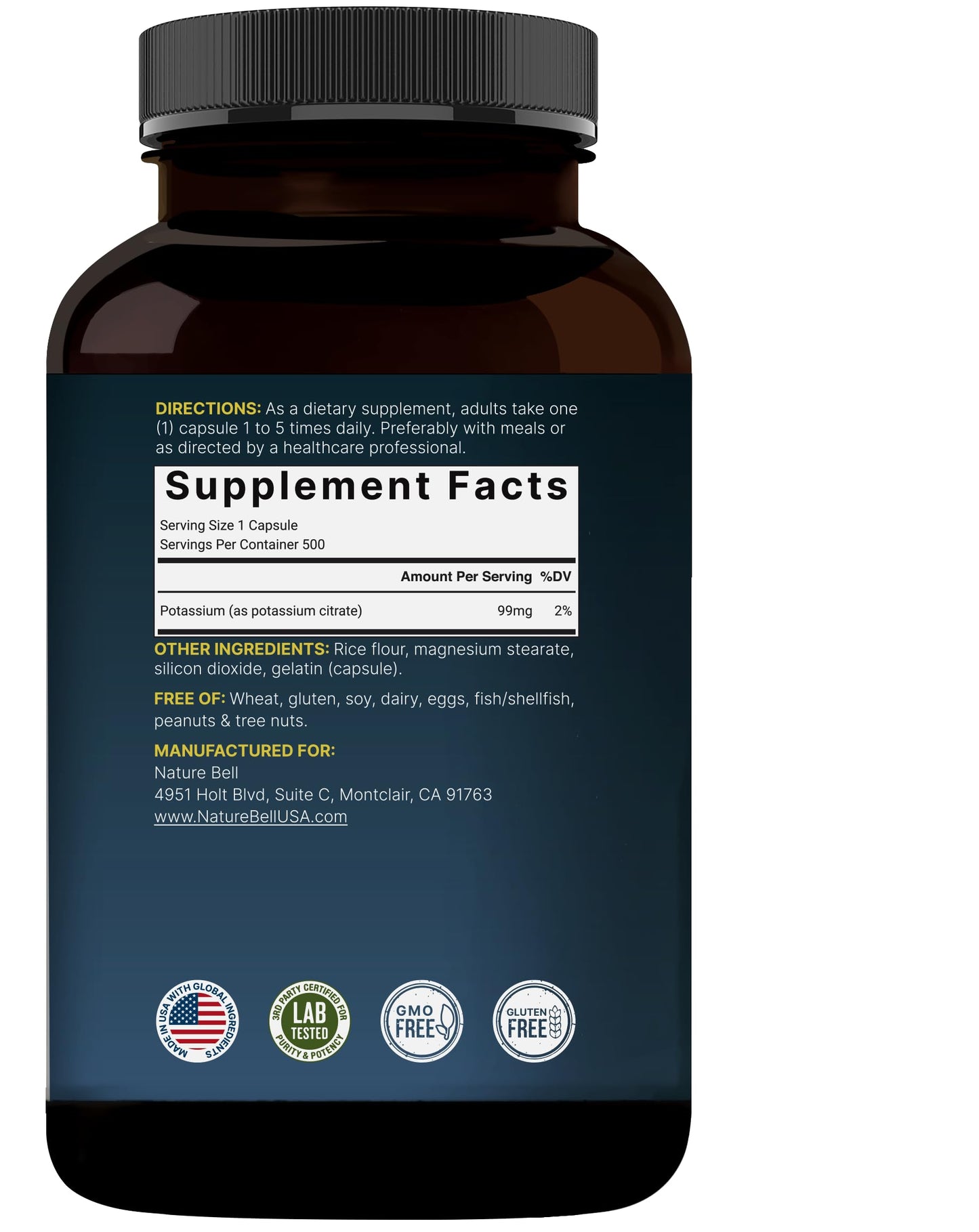Potassium Citrate 99mg – 500 Caps | Chelated, Non-GMO