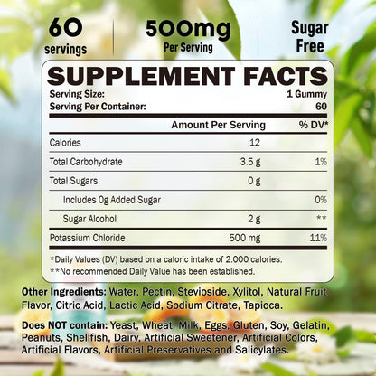 Potassium Gummies – Potassium Chloride Supplement for Adults | 60 Servings | Sugar-Free
