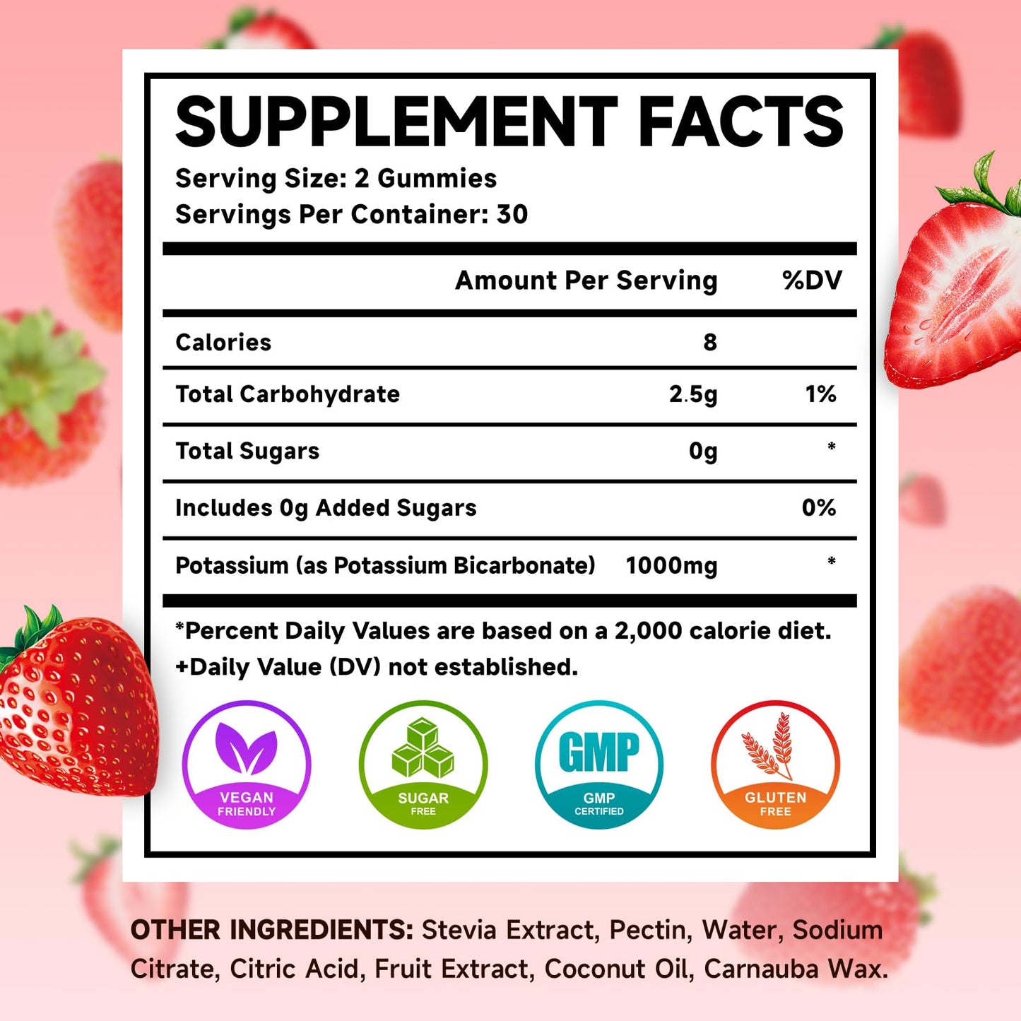 Potassium Gummies 1000mg – Strawberry (Sugar-Free) 60 Count