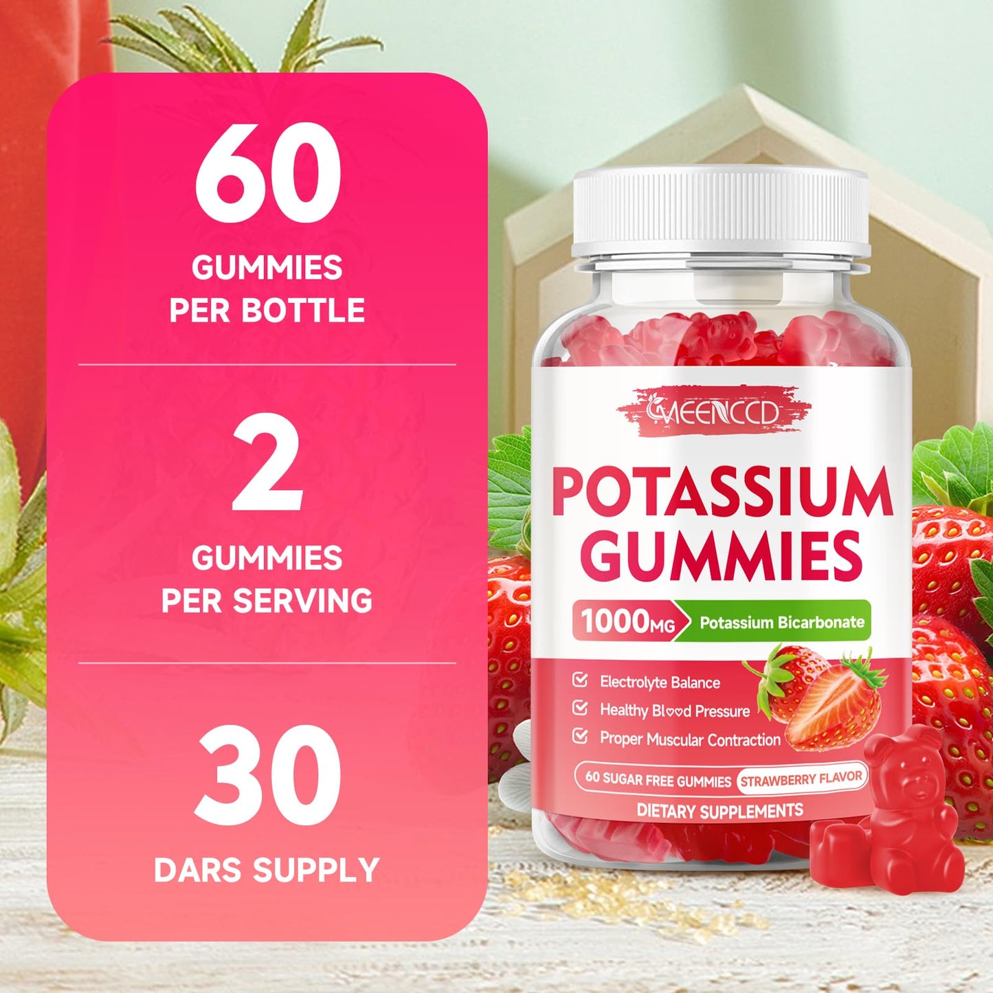 Potassium Gummies 1000mg – Strawberry (Sugar-Free) 60 Count
