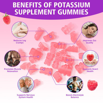 Potassium Gummies 1200mg Chloride – Muscle Health & Leg Cramps | Raspberry Flavor, 120 Count