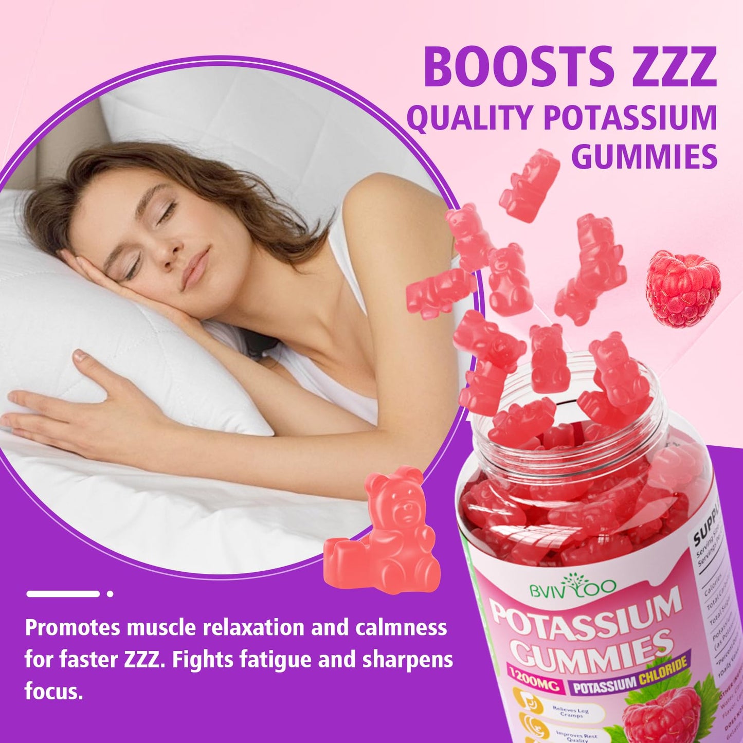 Potassium Gummies 1200mg Chloride – Muscle Health & Leg Cramps | Raspberry Flavor, 120 Count