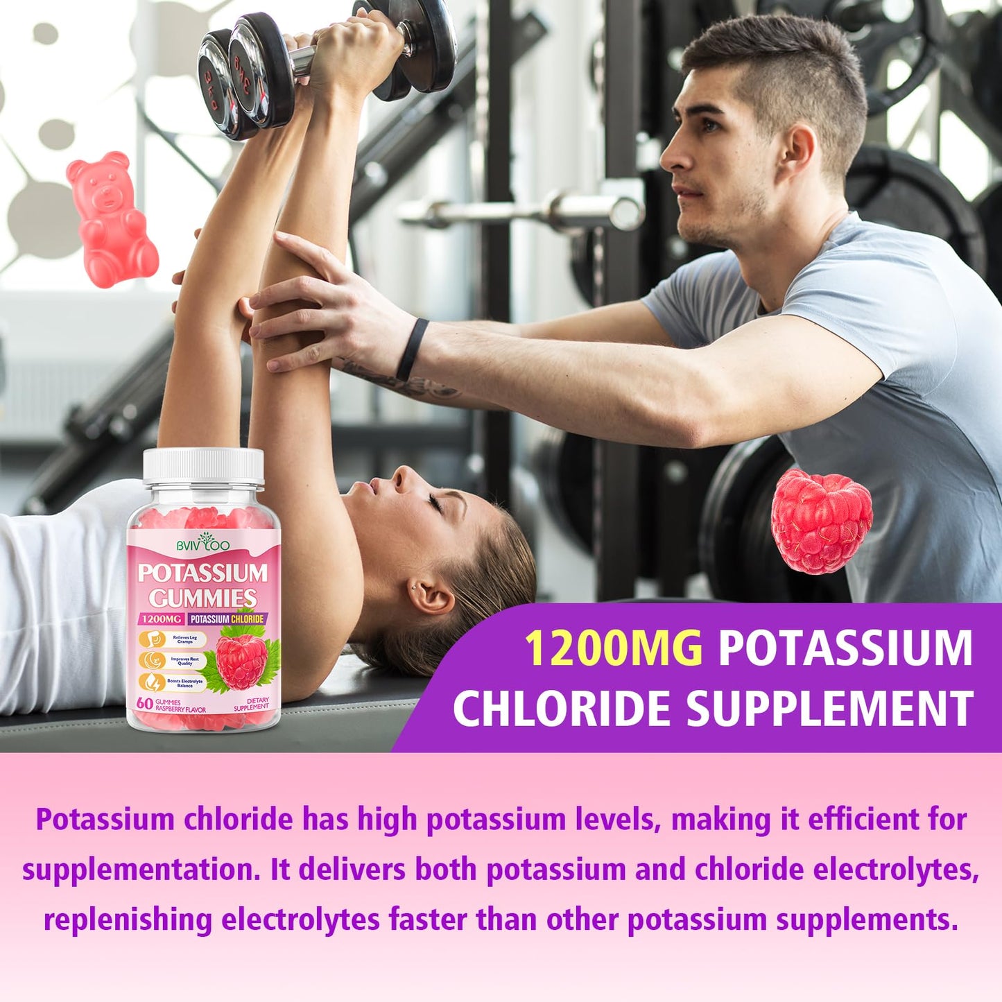 Potassium Gummies 1200mg Chloride – Muscle Health & Leg Cramps | Raspberry Flavor, 120 Count