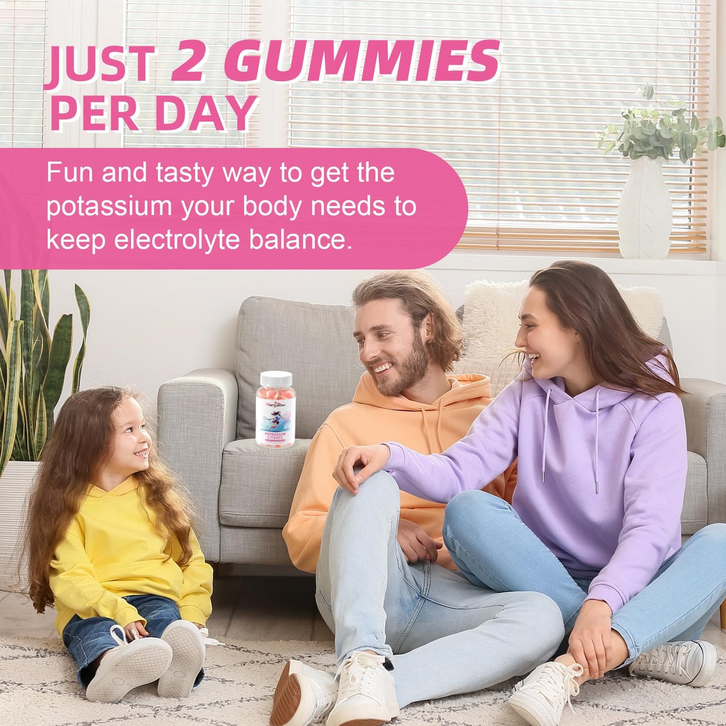 Potassium Gummies Supplement for Adults & Kids - High Potassium Citrate, Sugar Free, Vegan, Non-GMO, Organic Strawberry Flavor (60 Counts)