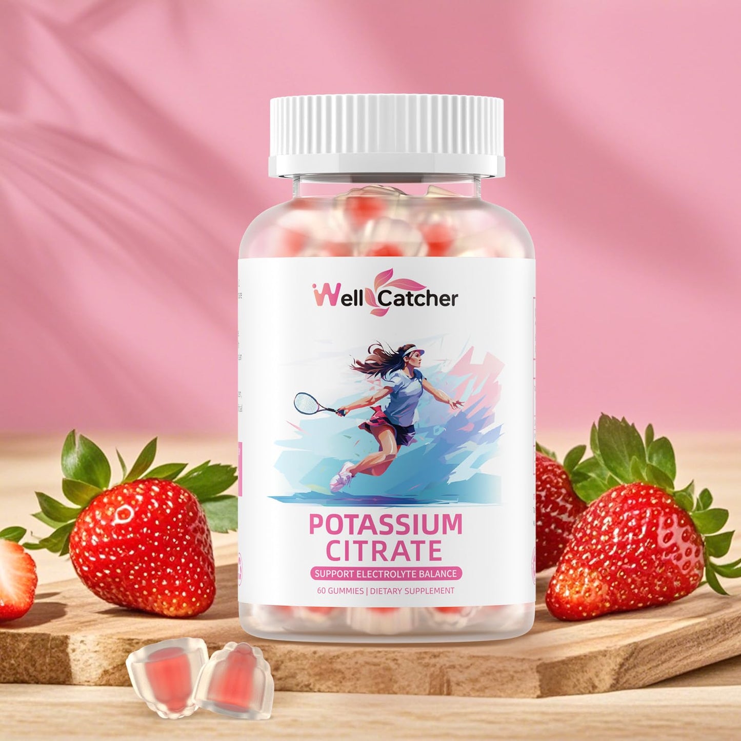 Potassium Gummies Supplement for Adults & Kids - High Potassium Citrate, Sugar Free, Vegan, Non-GMO, Organic Strawberry Flavor (60 Counts)