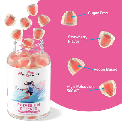 Potassium Gummies Supplement for Adults & Kids - High Potassium Citrate, Sugar Free, Vegan, Non-GMO, Organic Strawberry Flavor (60 Counts)