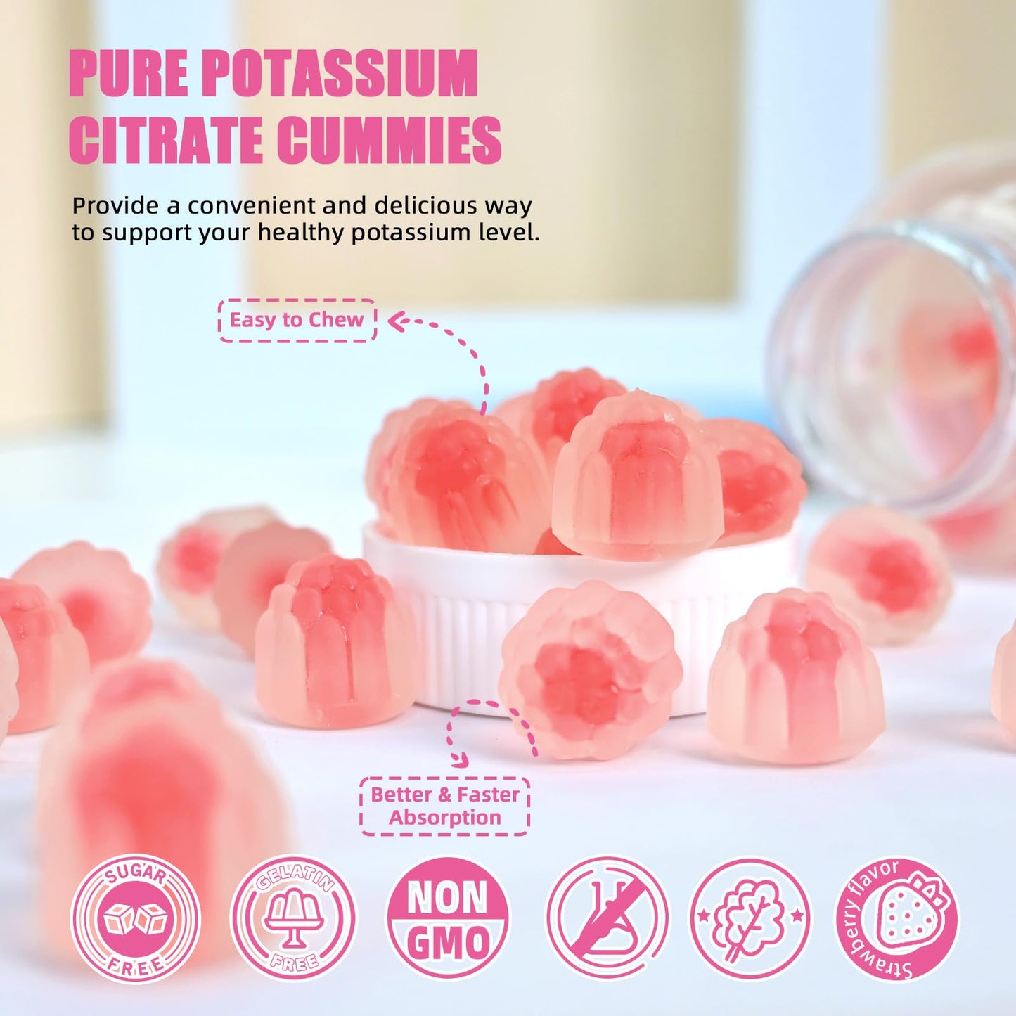 Potassium Gummies Supplement for Adults & Kids - High Potassium Citrate, Sugar Free, Vegan, Non-GMO, Organic Strawberry Flavor (60 Counts)