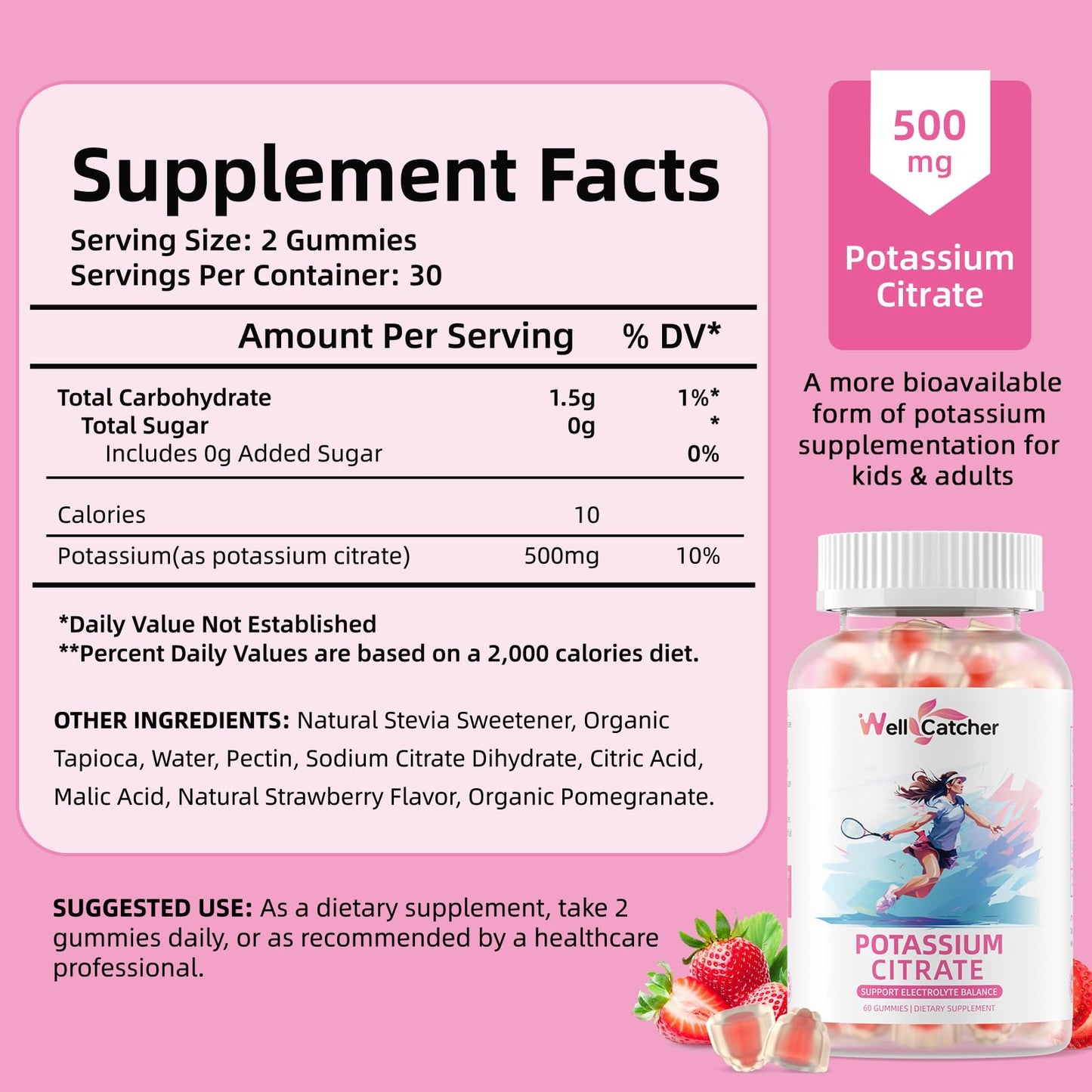 Potassium Gummies Supplement for Adults & Kids - High Potassium Citrate, Sugar Free, Vegan, Non-GMO, Organic Strawberry Flavor (60 Counts)