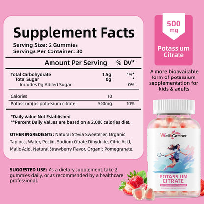 Potassium Gummies Supplement for Adults & Kids - High Potassium Citrate, Sugar Free, Vegan, Non-GMO, Organic Strawberry Flavor (60 Counts)
