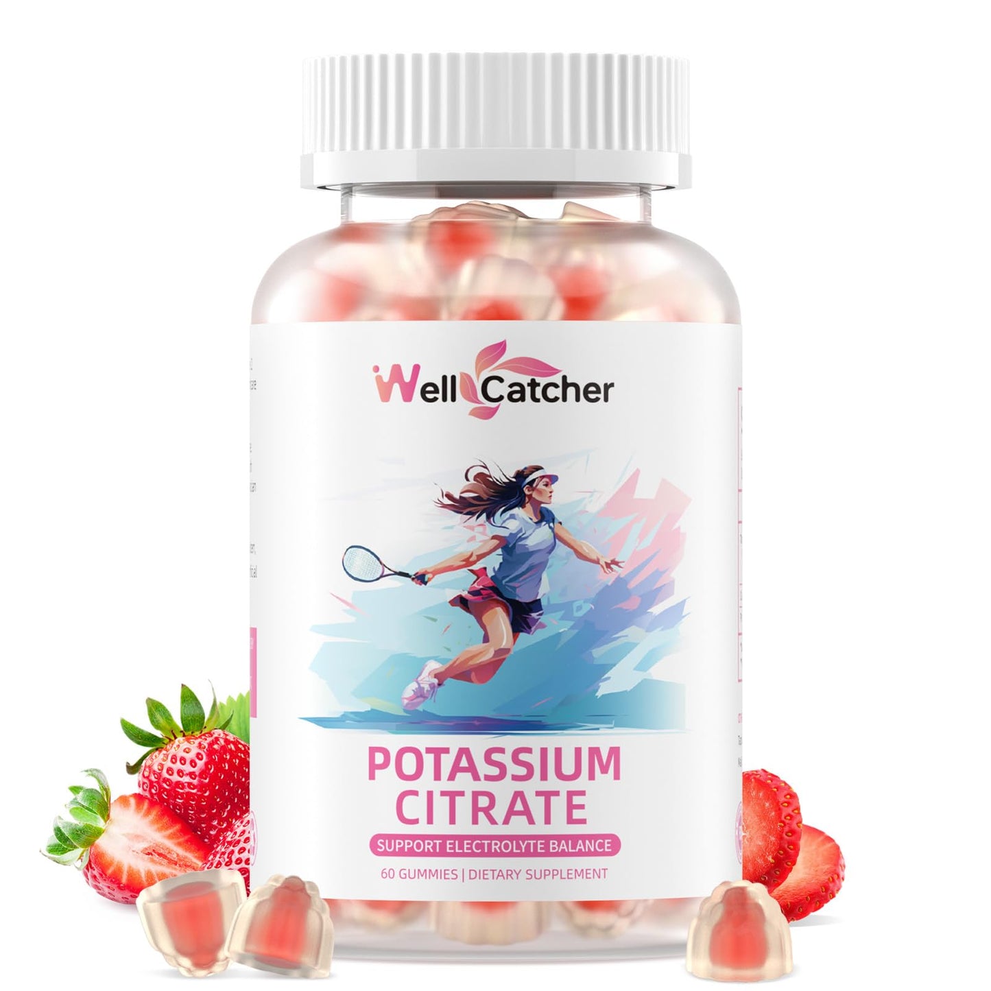Potassium Gummies Supplement for Adults & Kids - High Potassium Citrate, Sugar Free, Vegan, Non-GMO, Organic Strawberry Flavor (60 Counts)