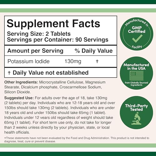 Potassium Iodide 130 mg Tablets – 180 Count Emergency Use for Exposure – 3 Month Supply | Double Wood Supplements