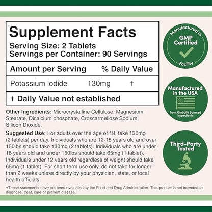 Potassium Iodide 130 mg Tablets – 180 Count Emergency Use for Exposure – 3 Month Supply | Double Wood Supplements