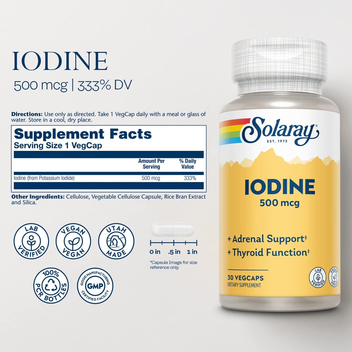 Solaray Iodine 500 mcg – Thyroid & Adrenal Support, Energy & Metabolism (Vegan, 30 Servings)