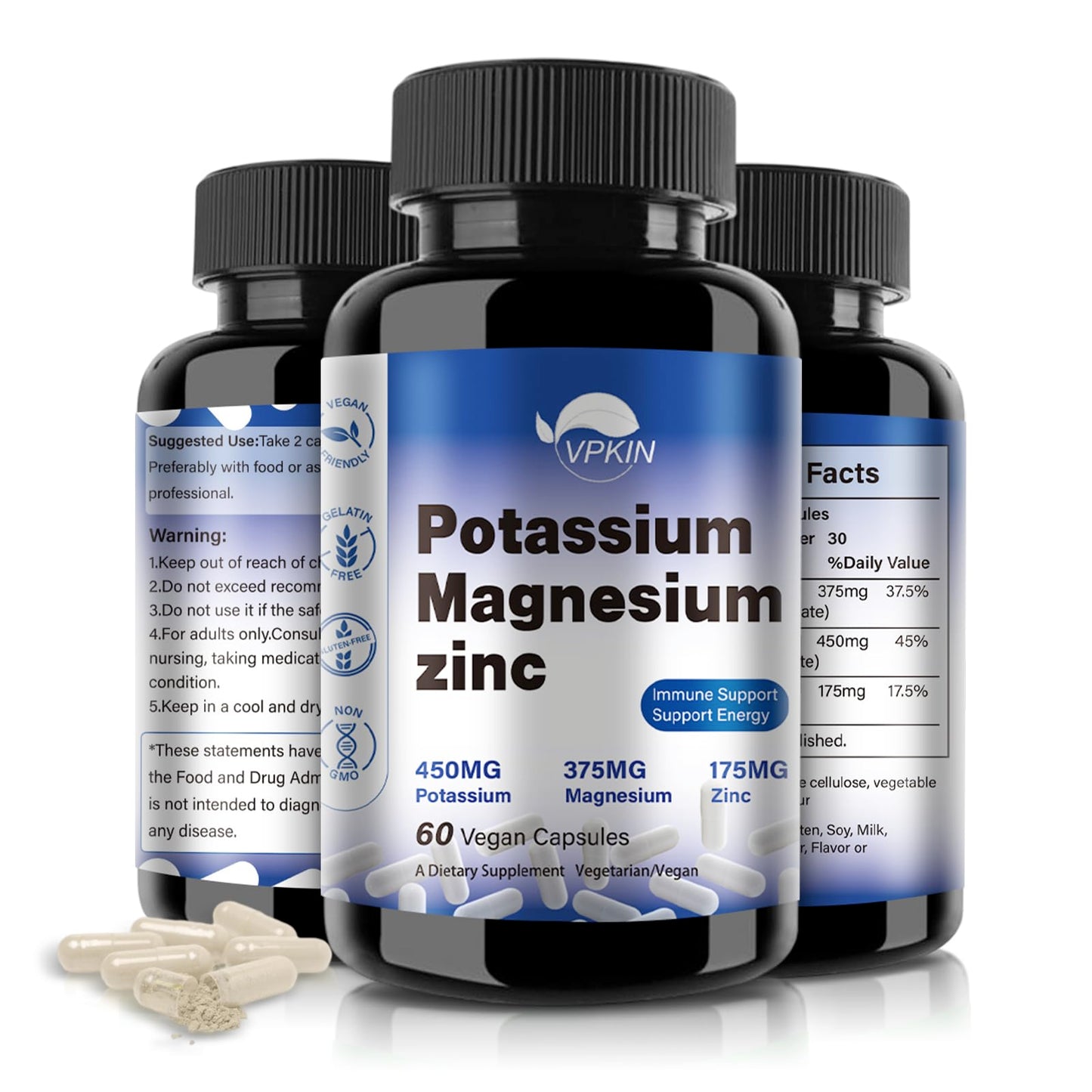 Potassium Magnesium 1000mg Supplement | Leg Cramps Relief | High Absorption | Vegan (60 Capsules)
