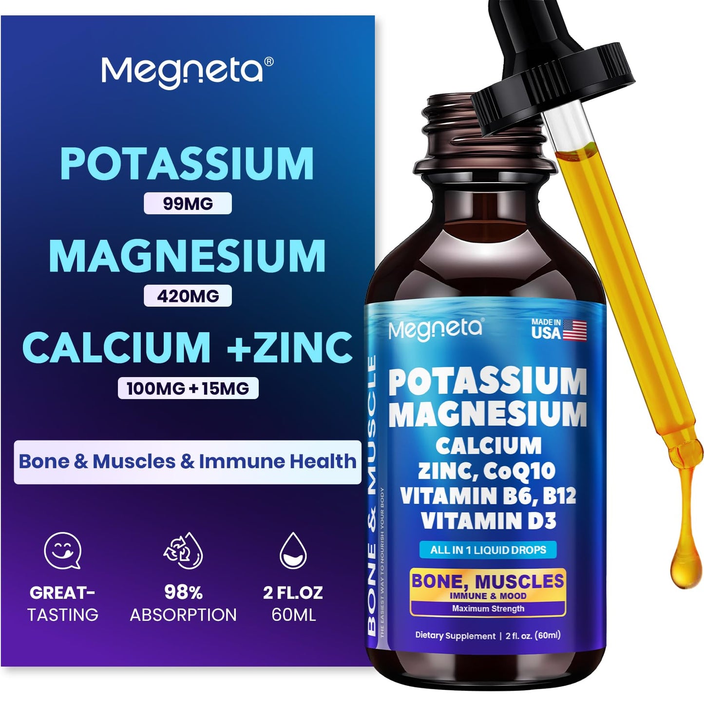 Potassium Magnesium Calcium Zinc Liquid Complex with D3, B6, B12 & CoQ10 | Chelated Minerals for Heart, Bones, Sleep & Anti-Aging | 2 fl oz