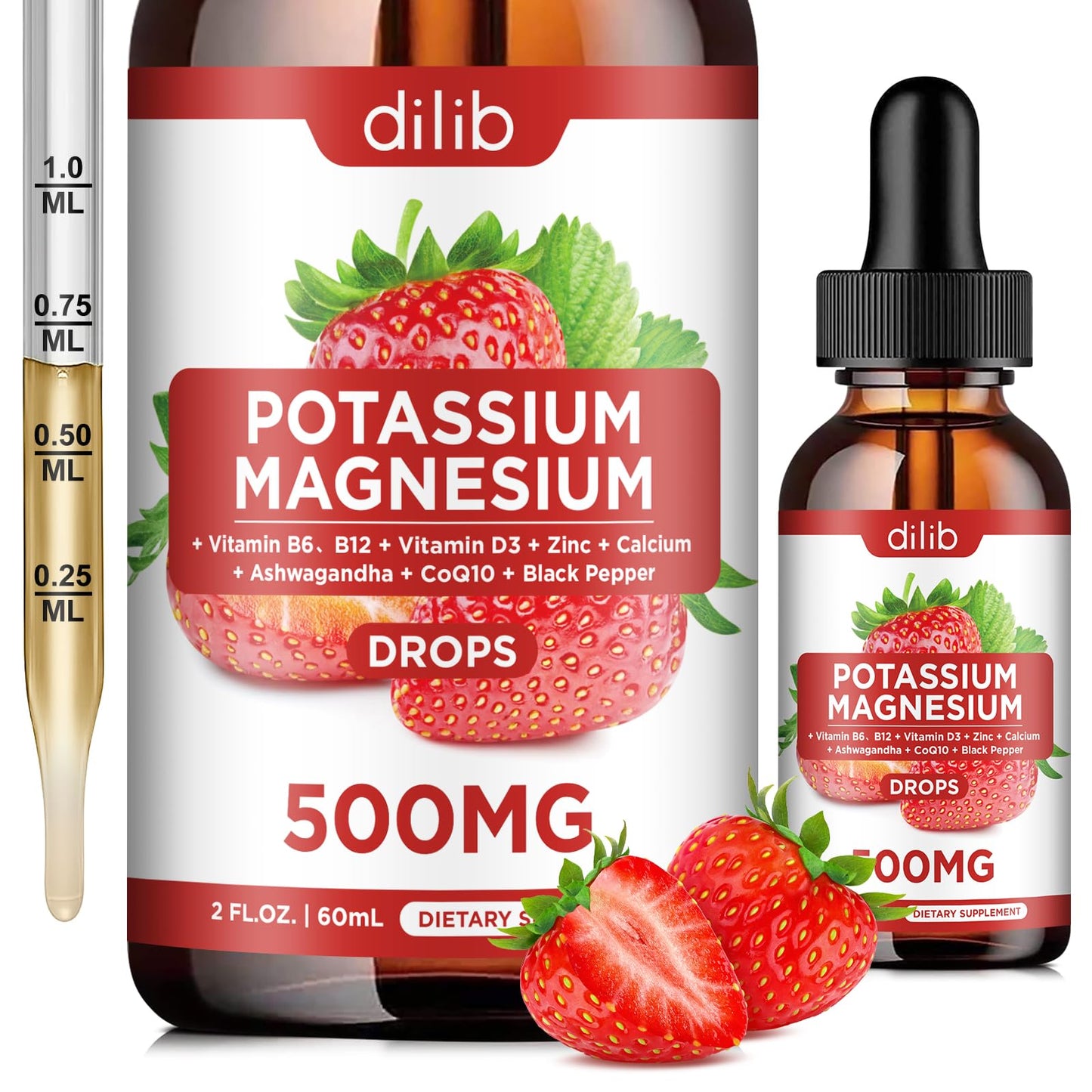 Potassium Magnesium Citrate Liquid Drops 500mg – Ashwagandha, Calcium, Zinc, Vitamin D3, B6, B12, CoQ10 | Vegan 2 fl oz