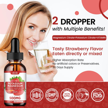 Potassium Magnesium Citrate Liquid Drops 500mg – Ashwagandha, Calcium, Zinc, Vitamin D3, B6, B12, CoQ10 | Vegan 2 fl oz