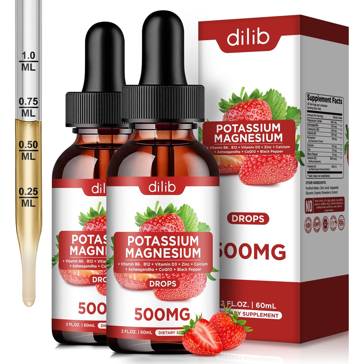 Potassium Magnesium Citrate Liquid Drops 500mg – Vegan 2 Pack