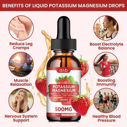 Potassium Magnesium Citrate Liquid Drops 500mg – Ashwagandha, Calcium, Zinc, Vitamin D3, B6, B12, CoQ10 | Vegan 2 fl oz