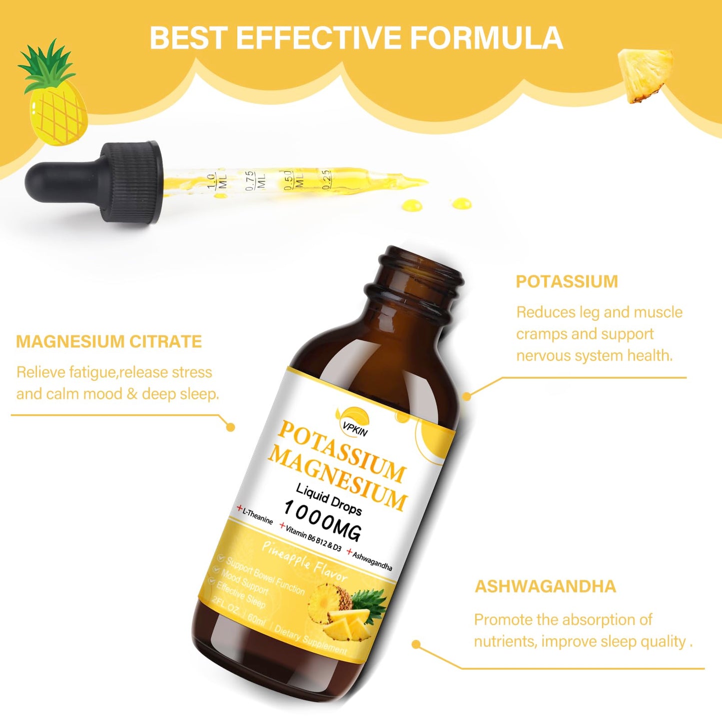 Potassium Magnesium Citrate Liquid Drops – Pineapple Flavor, 2 fl oz, 1000mg Mg
