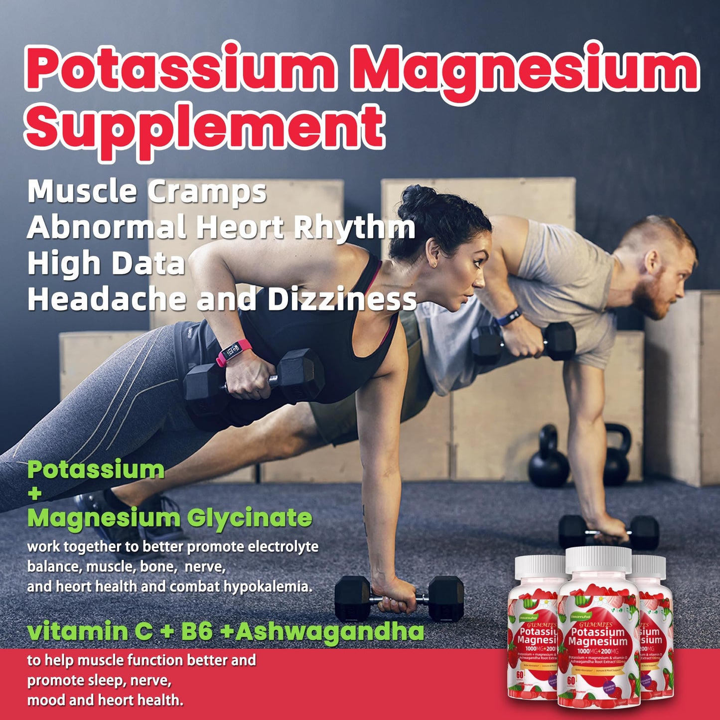 Potassium Magnesium Gummies with Magnesium Glycinate, B6, D3 - 120 Strawberry Gummies