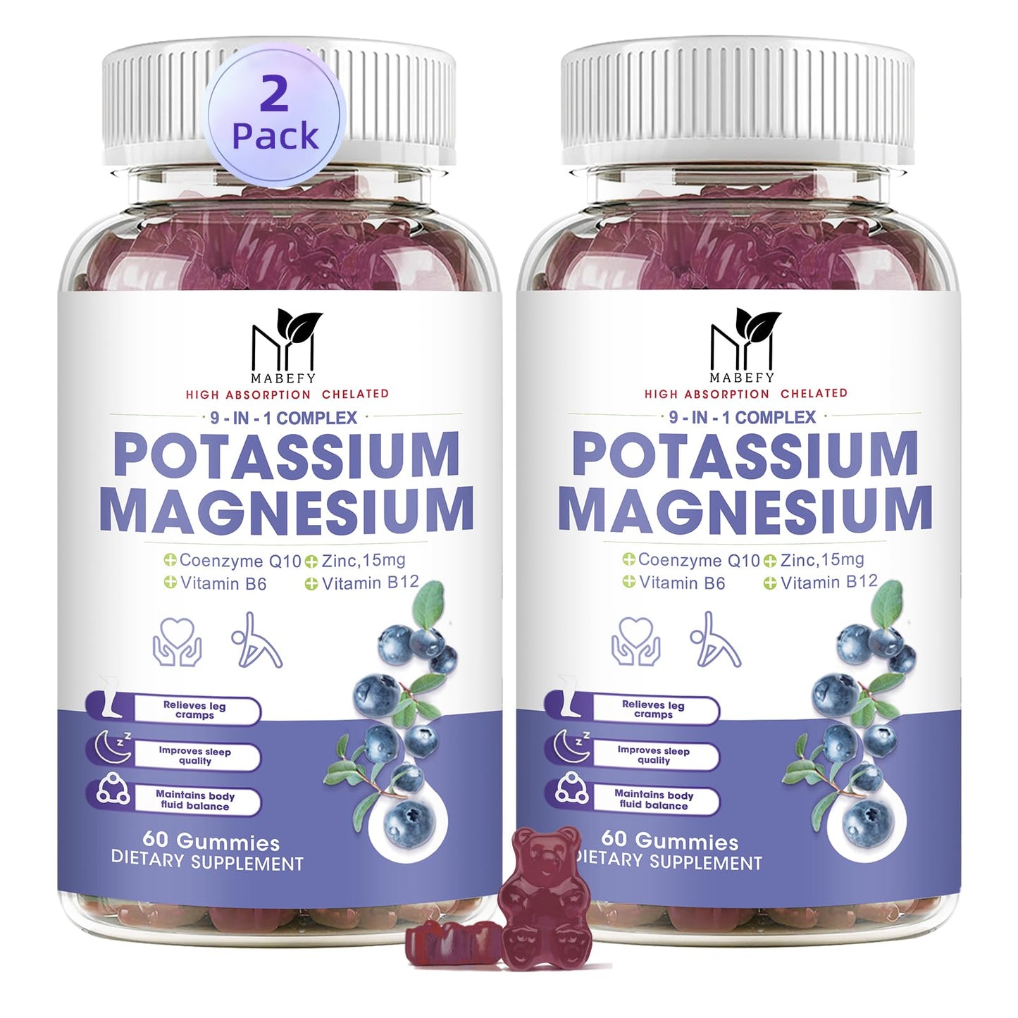 2 Pack Potassium Magnesium Gummies - Sugar-Free Magnesium Glycinate & Potassium Gummies with Calcium, Zinc, Vitamin D3, B6 & B12 for Leg Cramps & Muscle Support