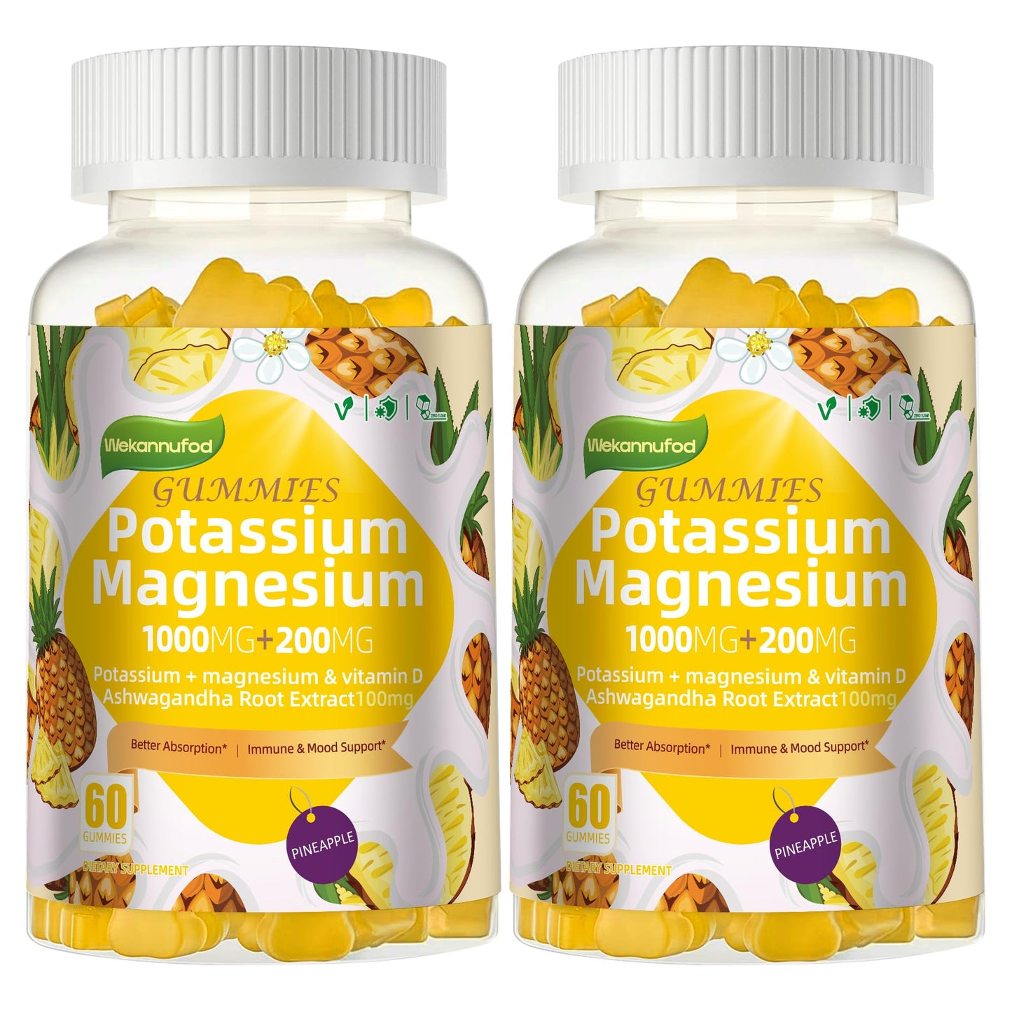 Potassium Magnesium Gummies – High Absorption Magnesium Glycinate, B6, D3 | Sugar-Free 120 Gummies