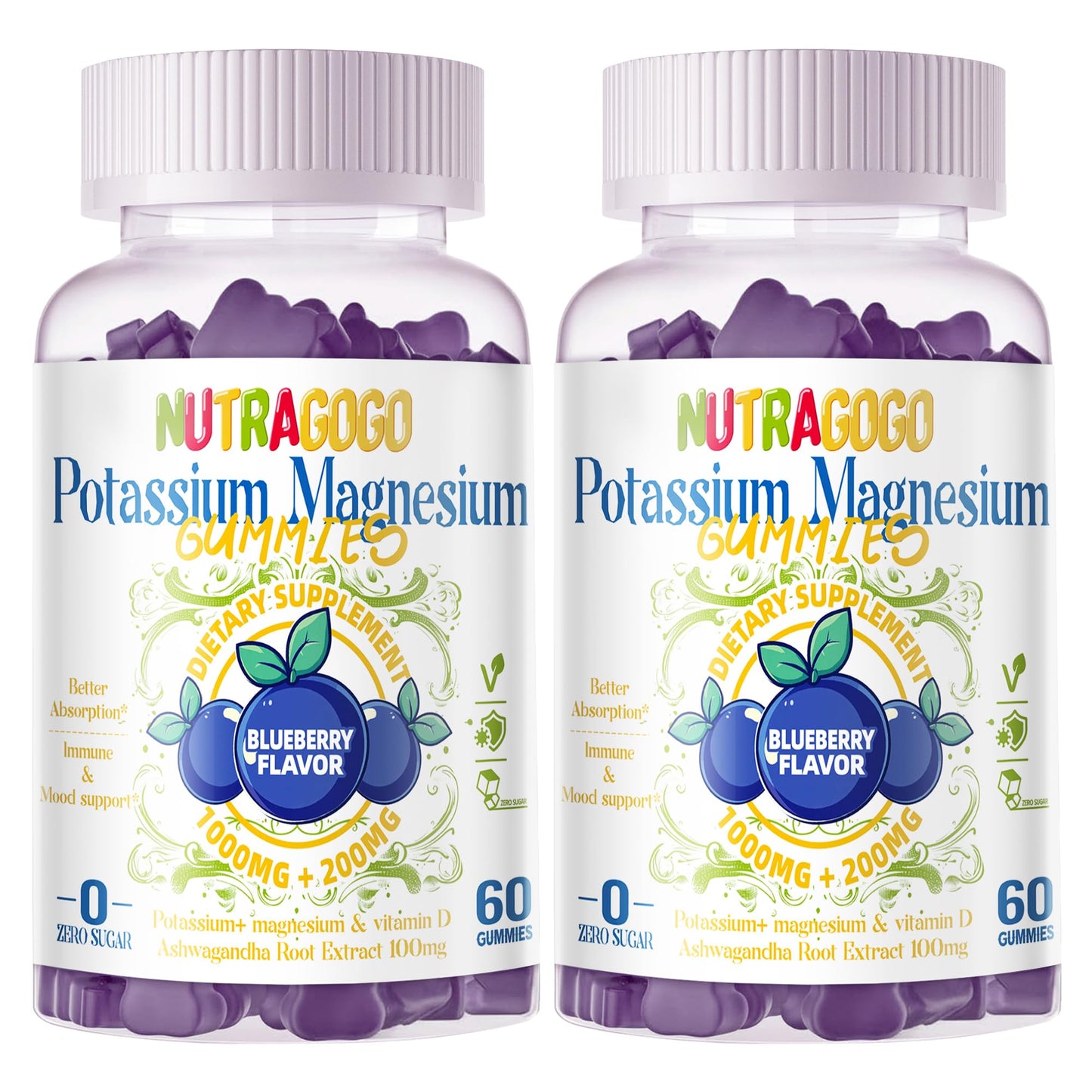 Potassium Magnesium Gummies with Ashwagandha | High-Absorption Mg Glycinate | 120 Sugar-Free Gummies