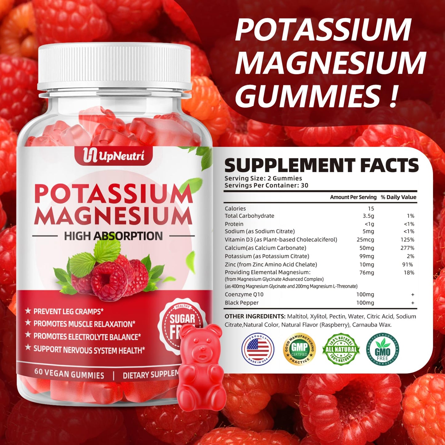 Potassium Magnesium Gummies for Adults & Kids – Sugar-Free, Vegan | 60 Count