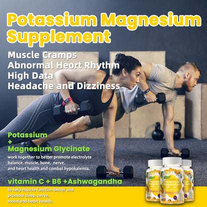 Potassium Magnesium Gummies – High Absorption Magnesium Glycinate, B6, D3 | Sugar-Free 120 Gummies