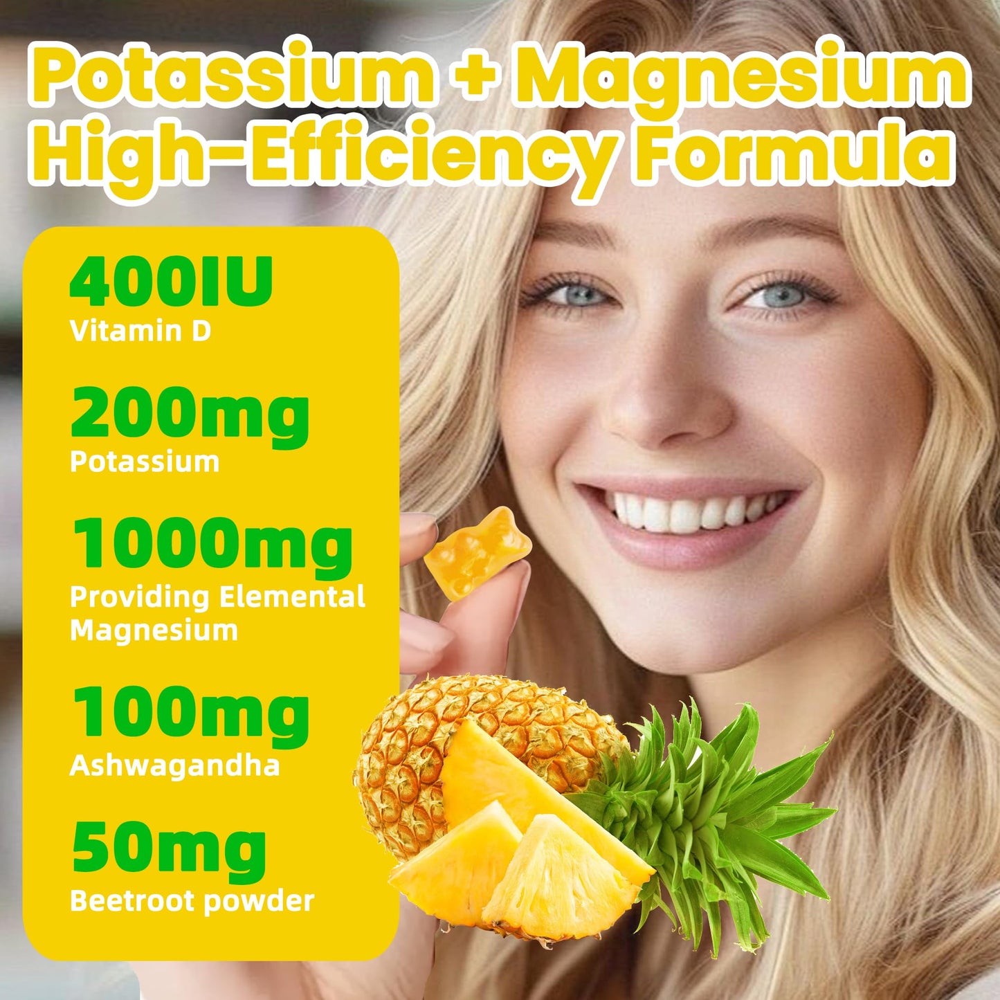 Potassium Magnesium Gummies – High Absorption Magnesium Glycinate, B6, D3 | Sugar-Free 120 Gummies