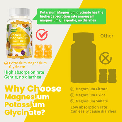 Potassium Magnesium Gummies – High Absorption Magnesium Glycinate, B6, D3 | Sugar-Free 120 Gummies