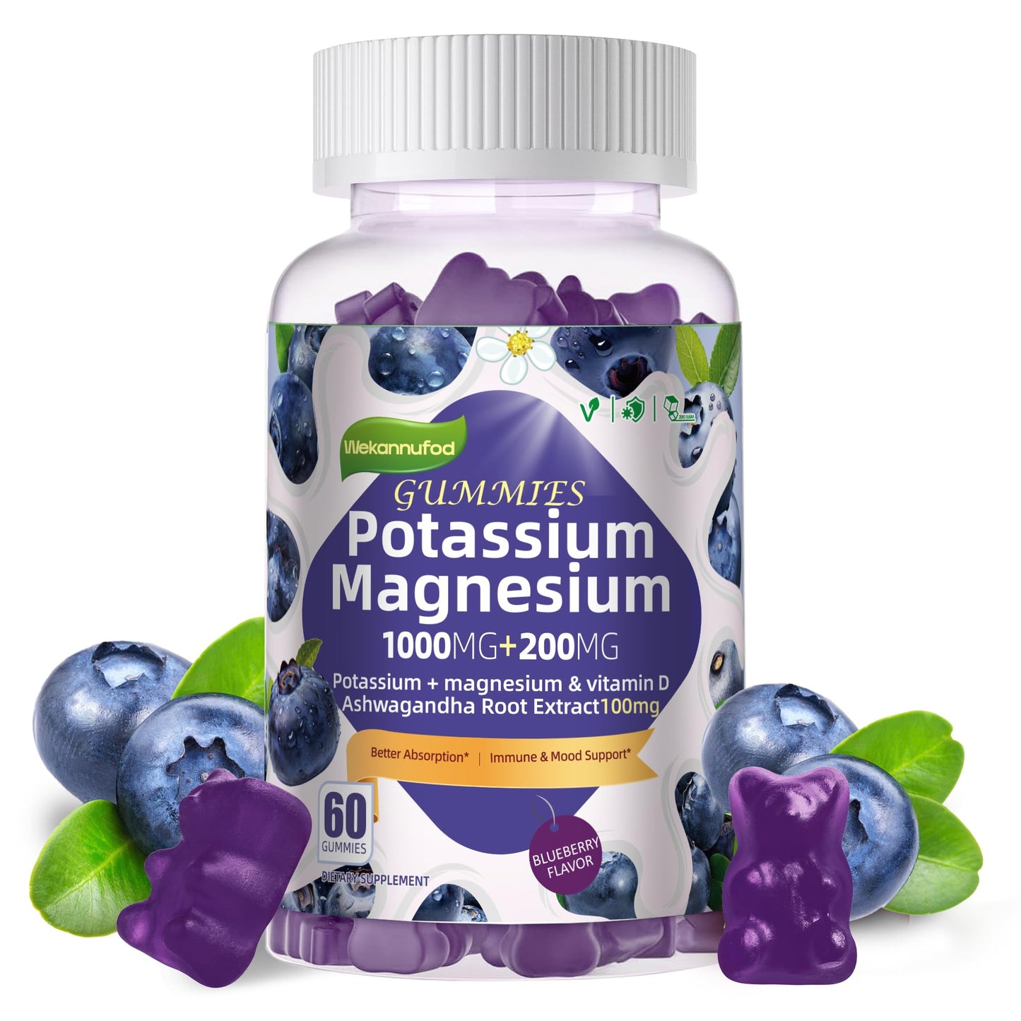 Potassium Magnesium Gummies - High Absorption Magnesium Glycinate, B6, D3, Potassium Citrate (Sugar-Free) Blueberry 60 Gummies