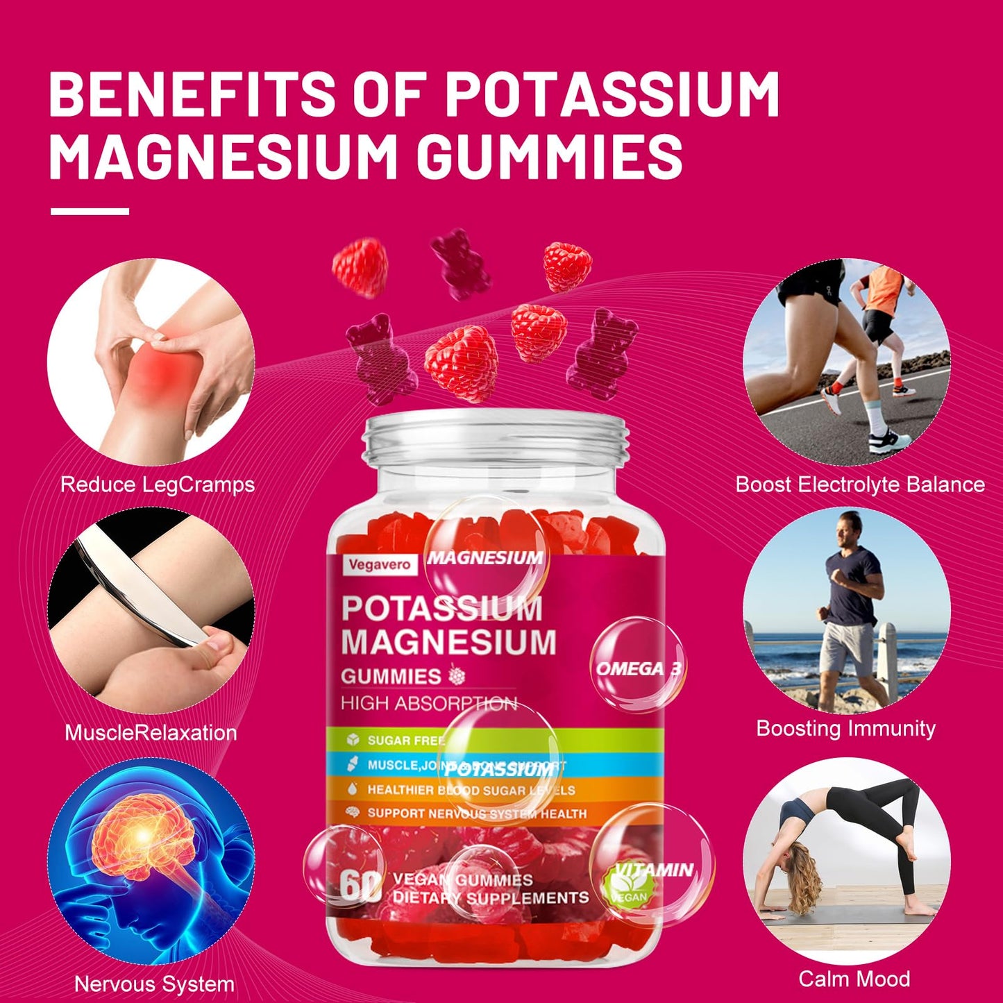Potassium Magnesium Gummies - High Absorption Mg Glycinate & Potassium Citrate + CoQ10, DHA, D3