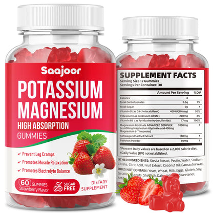 Potassium Magnesium Gummies with High Absorption Magnesium Glycinate, D3 & B6 – Strawberry Flavor (60 Count)